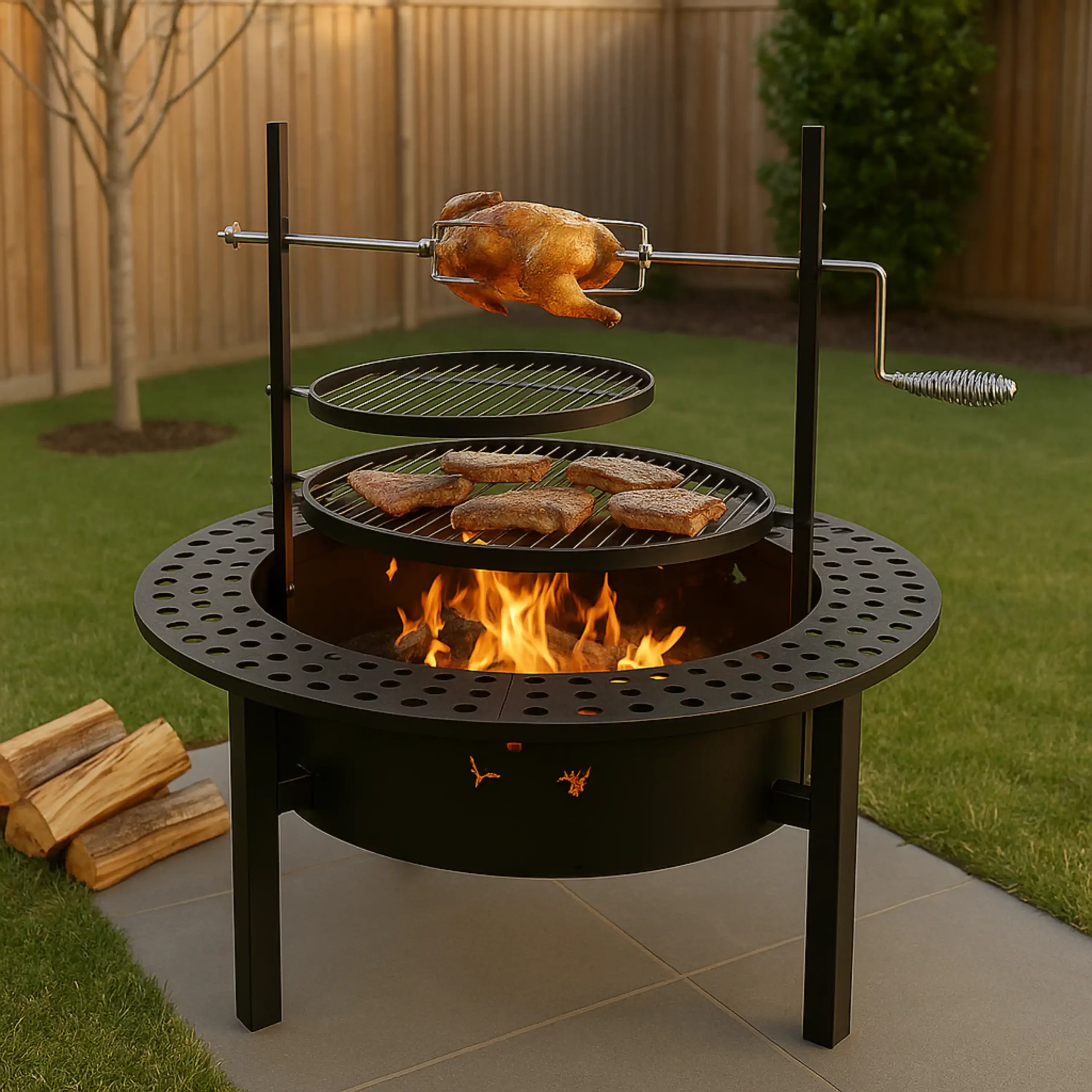 Outdoor grill with rotisserie chicken and steaks.